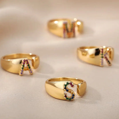 Adjustable Initial Letter Ring 18K Gold Plated | Multi-Colour Zircon Alphabet Ring for Women & Men | Elegant Birthday Gift!