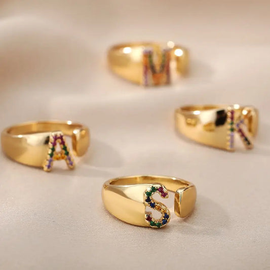 Adjustable Initial Letter Ring 18K Gold Plated | Multi-Colour Zircon Alphabet Ring for Women & Men | Elegant Birthday Gift!