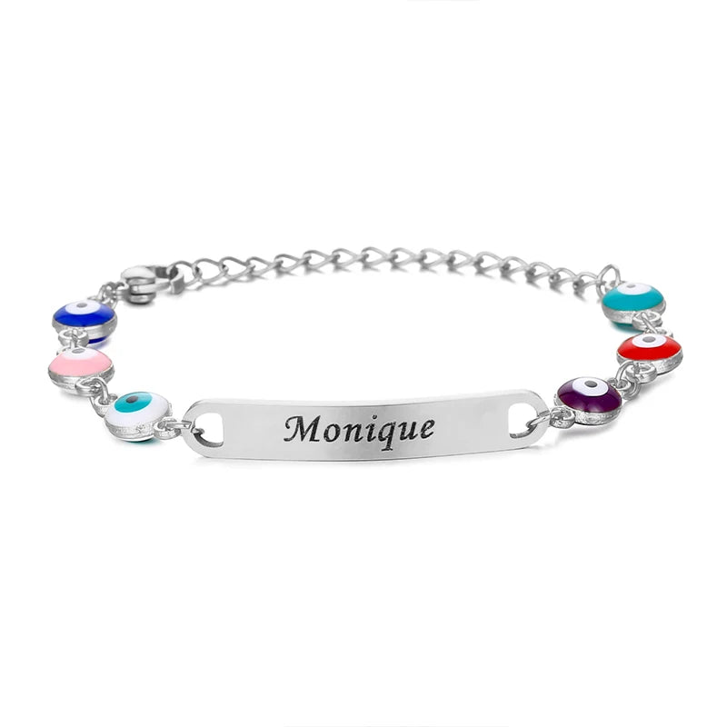 Personalised Name Bracelet with Eye Beads | Custom Engraved Chain Link Friendship Bracelet for Kids!