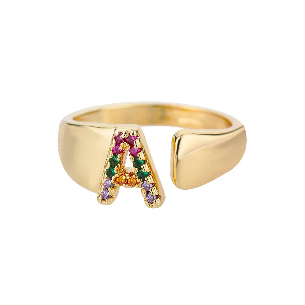 Adjustable Initial Letter Ring 18K Gold Plated | Multi-Colour Zircon Alphabet Ring for Women & Men | Elegant Birthday Gift!