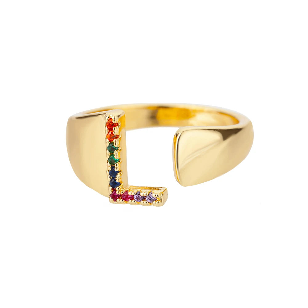 Adjustable Initial Letter Ring 18K Gold Plated | Multi-Colour Zircon Alphabet Ring for Women & Men | Elegant Birthday Gift!