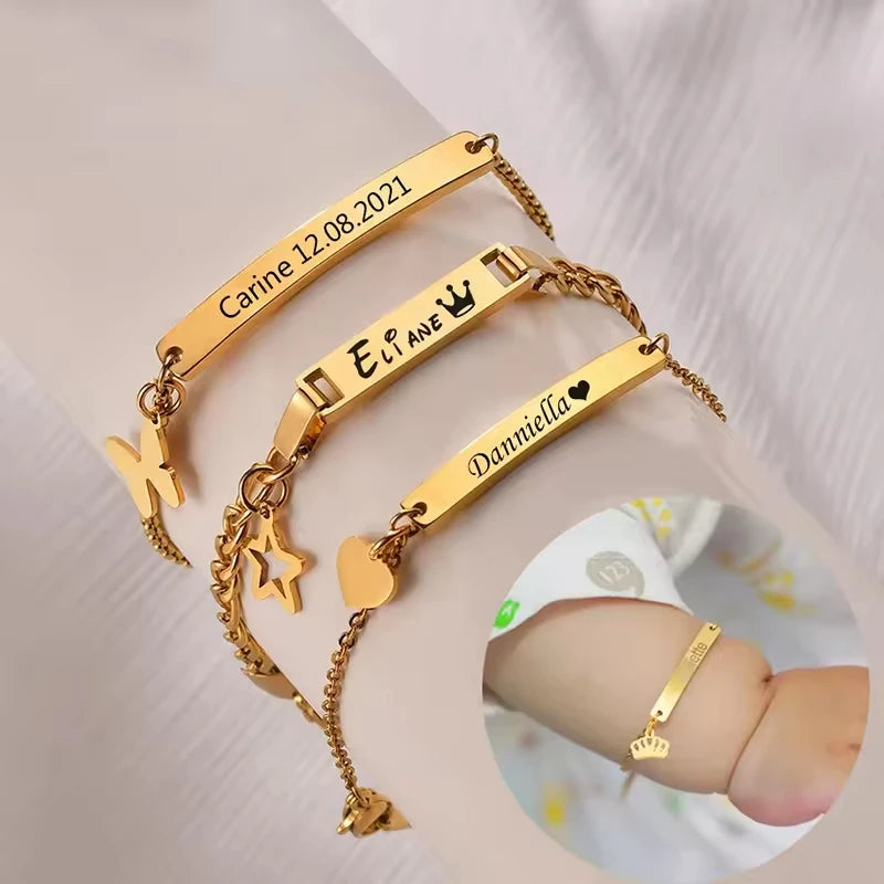 Unisex Stainless Steel Baby Name Bracelet with Crown Charm – Personalized Custom Engraved Adjustable ID Bracelet for Kids