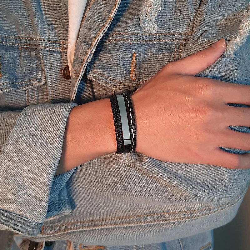 Personalised Stainless Steel Leather Bracelet for Boys & Teens | Engravable Multi-Layer ID Bangle | Birthday Gift!