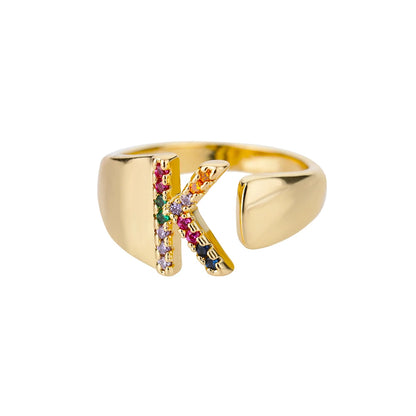 Adjustable Initial Letter Ring 18K Gold Plated | Multi-Colour Zircon Alphabet Ring for Women & Men | Elegant Birthday Gift!