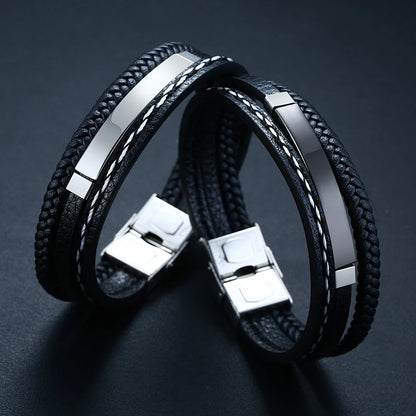 Personalised Stainless Steel Leather Bracelet for Boys & Teens | Engravable Multi-Layer ID Bangle | Birthday Gift!