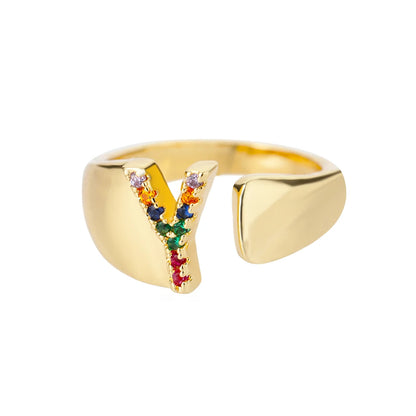 Adjustable Initial Letter Ring 18K Gold Plated | Multi-Colour Zircon Alphabet Ring for Women & Men | Elegant Birthday Gift!