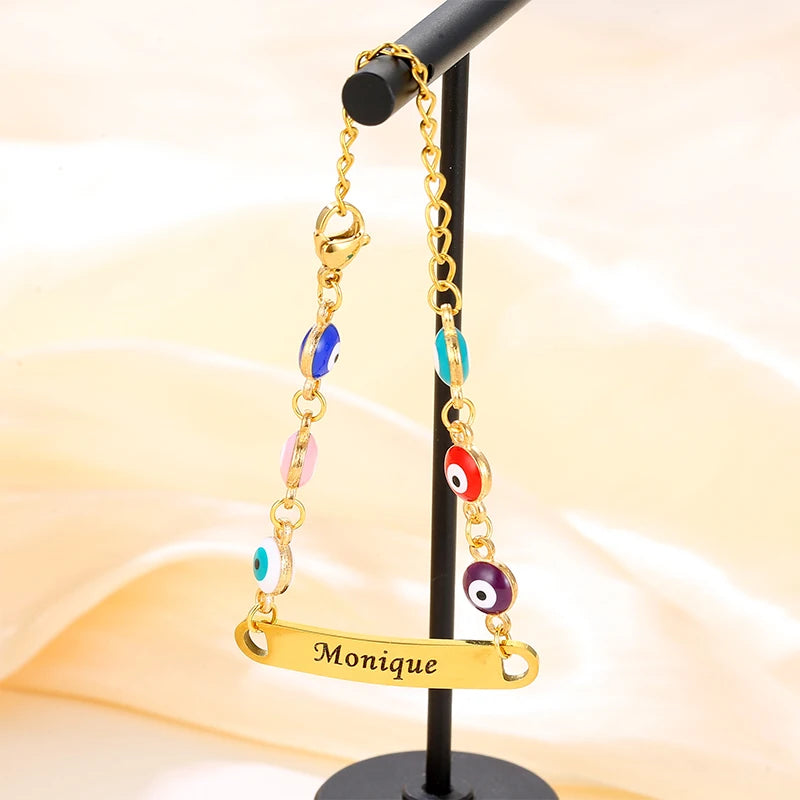 Personalised Name Bracelet with Eye Beads | Custom Engraved Chain Link Friendship Bracelet for Kids!