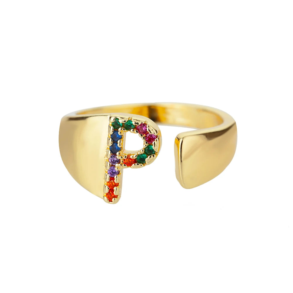 Adjustable Initial Letter Ring 18K Gold Plated | Multi-Colour Zircon Alphabet Ring for Women & Men | Elegant Birthday Gift!