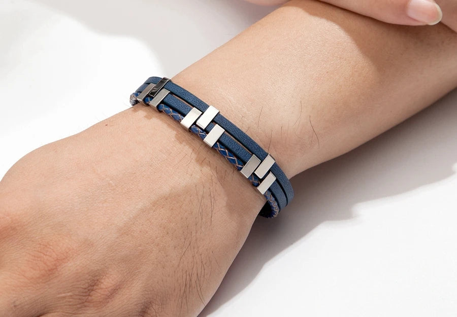 Elevate His Style: Stainless Steel Three-Layer Stitching Genuine Leather Bracelet for Boys!