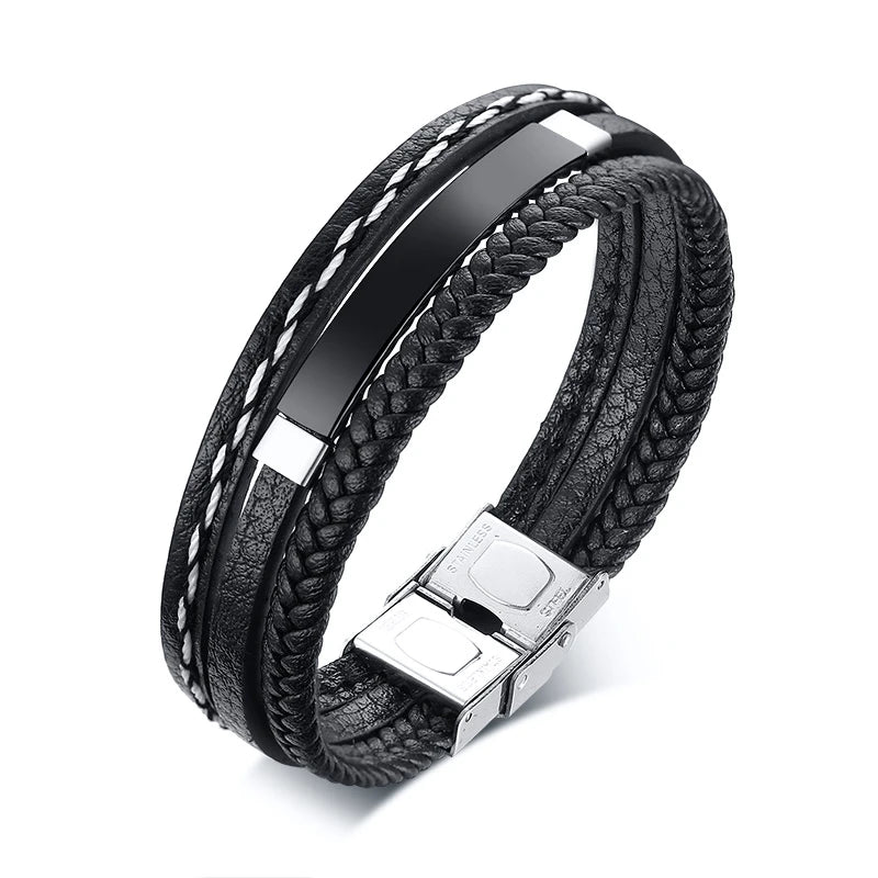Personalised Stainless Steel Leather Bracelet for Boys & Teens | Engravable Multi-Layer ID Bangle | Birthday Gift!
