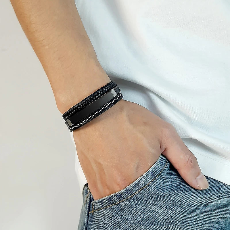 Personalised Stainless Steel Leather Bracelet for Boys & Teens | Engravable Multi-Layer ID Bangle | Birthday Gift!