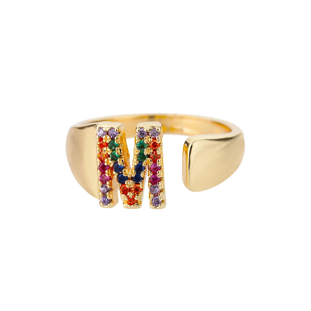 Adjustable Initial Letter Ring 18K Gold Plated | Multi-Colour Zircon Alphabet Ring for Women & Men | Elegant Birthday Gift!