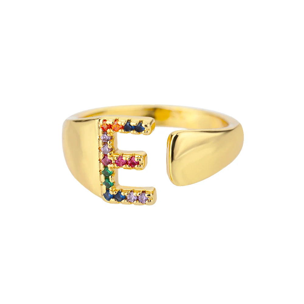 Adjustable Initial Letter Ring 18K Gold Plated | Multi-Colour Zircon Alphabet Ring for Women & Men | Elegant Birthday Gift!