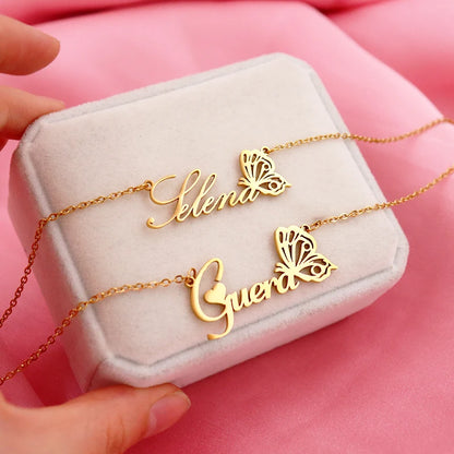 Personalised Name Necklace with Birth Month Butterfly | Custom Stainless Steel Choker | BFF Jewellery Gift!