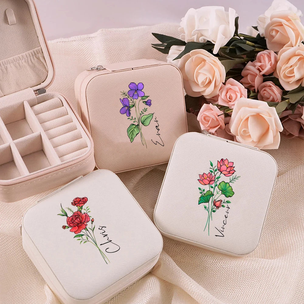 Personalised Birth Flower Jewellery Box with Name | Travel Jewellery Organiser | Birthday Gift for Girls & Women!