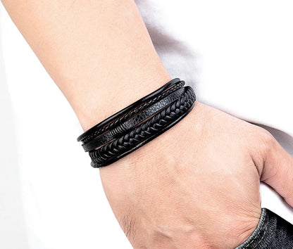 Luxury Fashion Hand-Woven Leather Bracelet - Multilayer Stainless Steel Magnetic Buckle Party Jewelry Gift.
