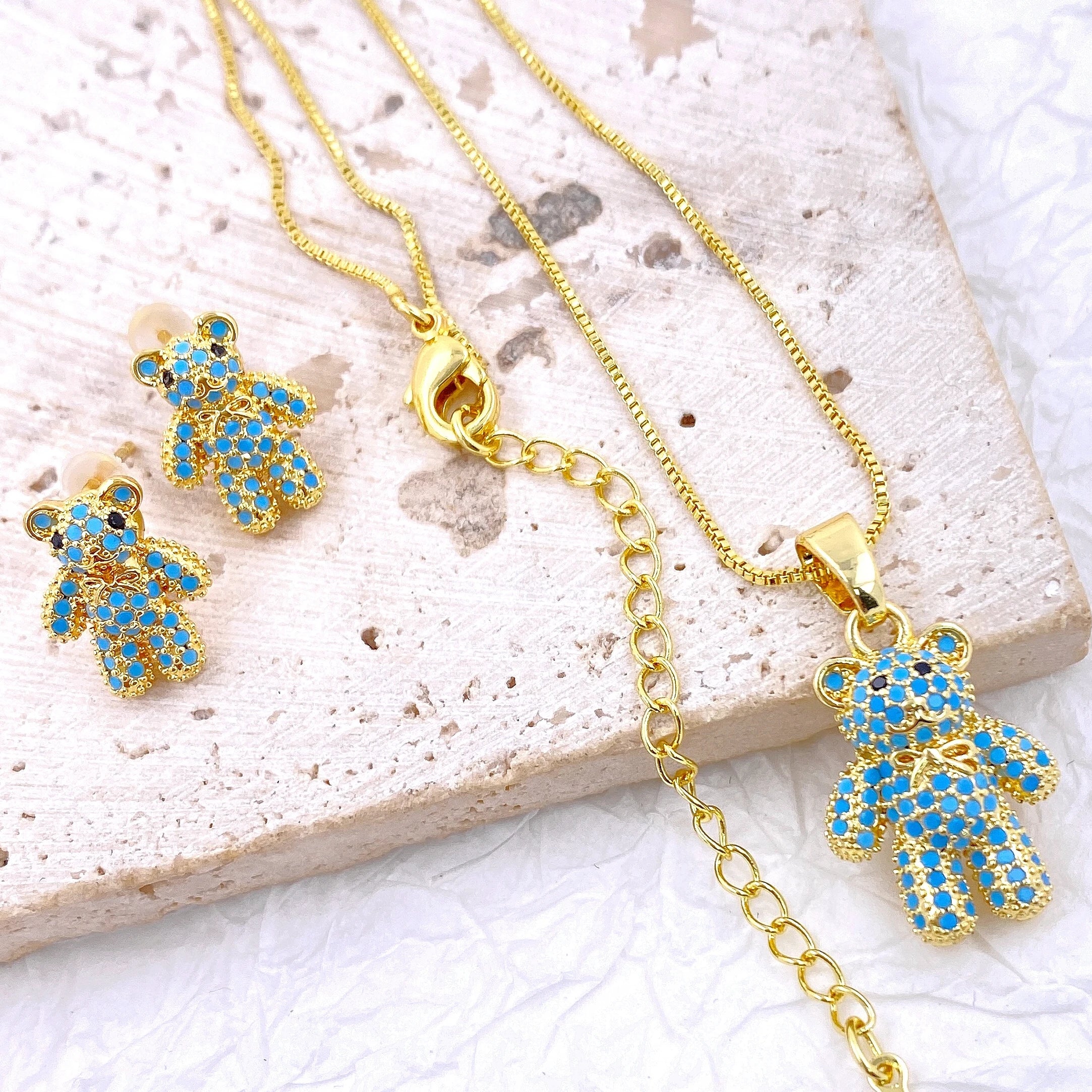 Teddy Bear Treasure: Chic Cubic Zirconia Stud Earrings and Pendant Necklace Set for Kids!