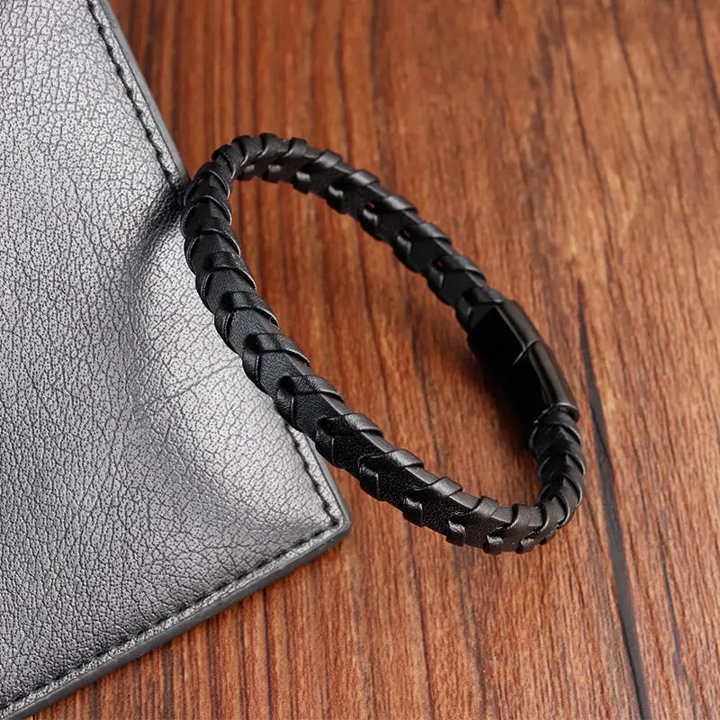 Boys Black Leather Bracelet – Stainless Steel PVD Plated Woven Genuine Leather Wristband | Stylish Kids Fashion Accessory