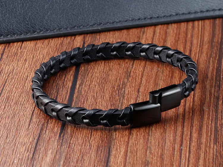 Boys Black Leather Bracelet – Stainless Steel PVD Plated Woven Genuine Leather Wristband | Stylish Kids Fashion Accessory