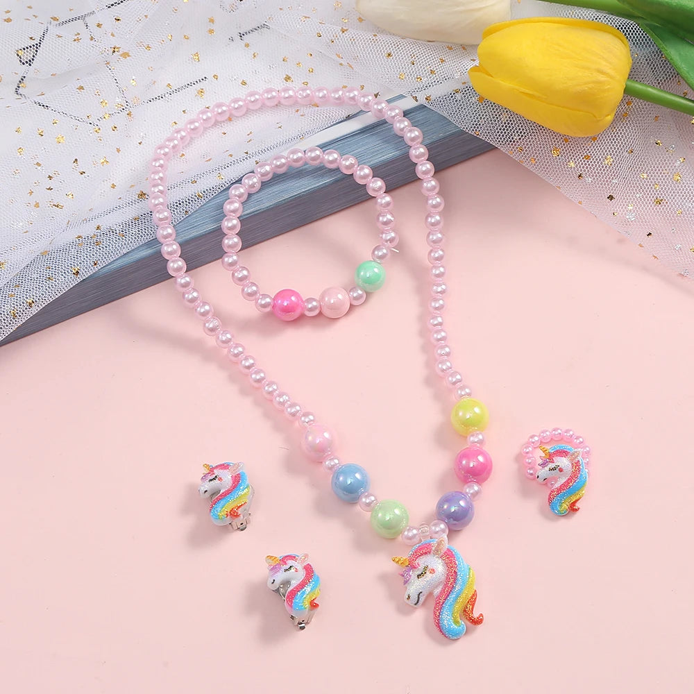 Enchanting Rainbows: 5pcs Multi-Coloured Pearl Beads Jewelry Sets for Girls - Perfect for Kids' Birthday Parties and Unforgettable Gifts!