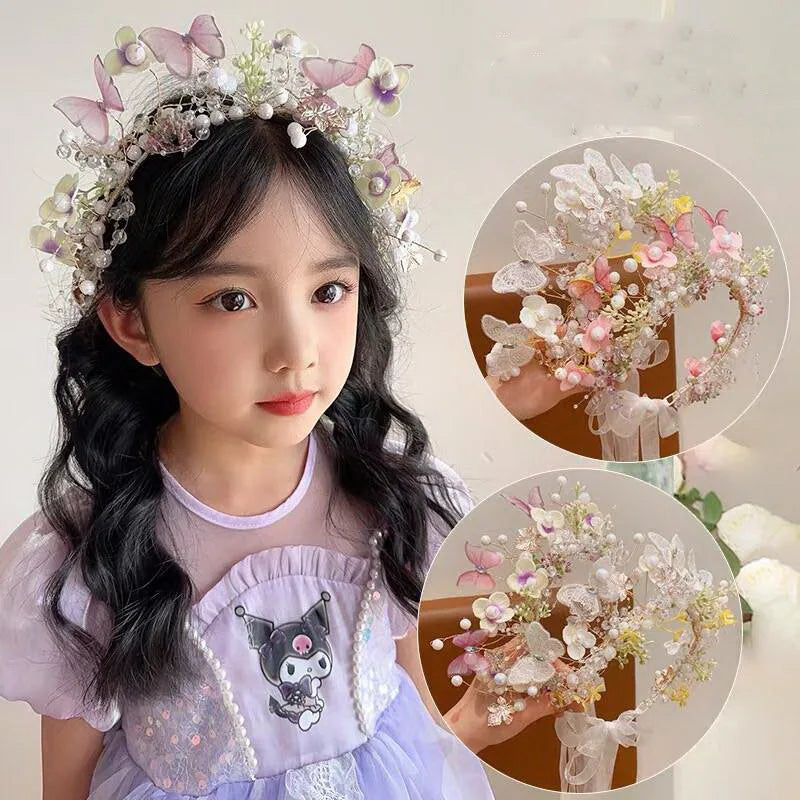 Elegant Pearl Butterfly Wreath Headband for Girls – Princess Flower Hairband for Weddings, Parties & Special Occasions | Flower Girl Hair Accessory