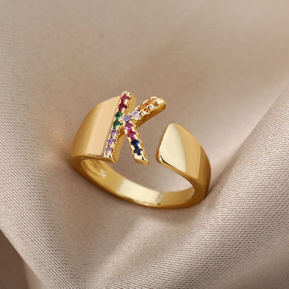 Adjustable Initial Letter Ring 18K Gold Plated | Multi-Colour Zircon Alphabet Ring for Women & Men | Elegant Birthday Gift!