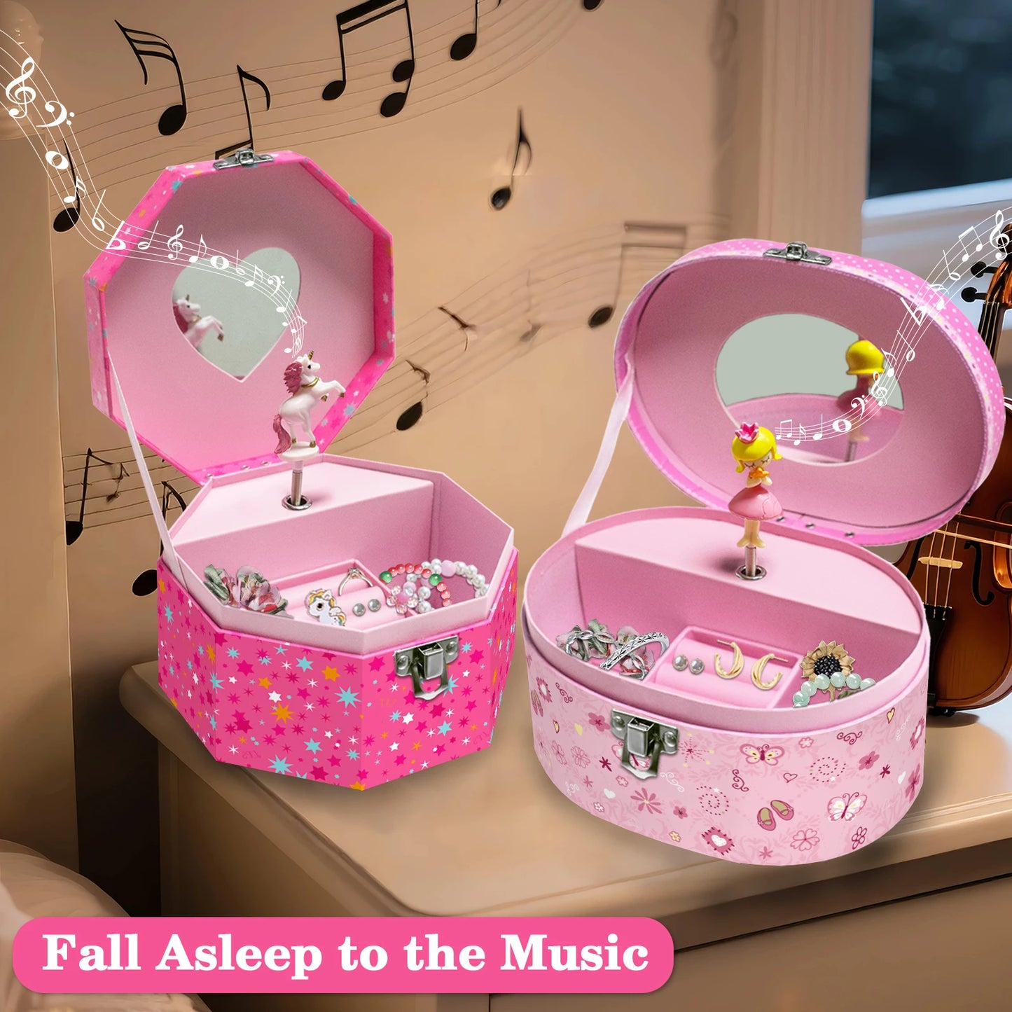 Girl’s Musical Jewellery Box – Octagonal & Elliptical Hand-Cranked Music Box with Mirror | Rings, Necklaces, Earrings Storage Organizer!