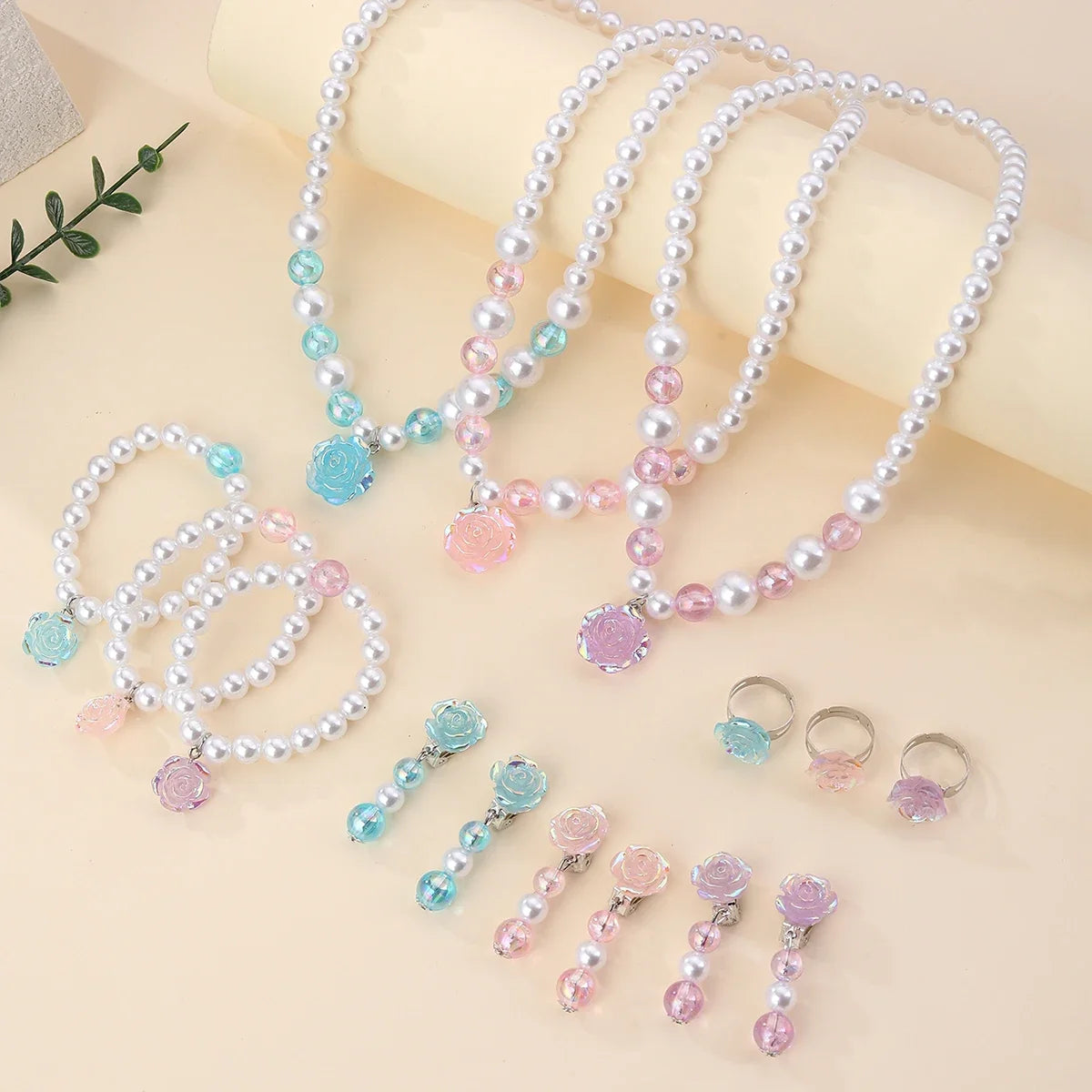 5PCS Girls Pearl Jewellery Set with Rose Flower Pendant | Necklace, Bracelet, Earrings & Ring Party Dress-Up Gift!