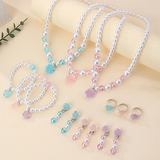 5PCS Girls Pearl Jewellery Set with Rose Flower Pendant | Necklace, Bracelet, Earrings & Ring Party Dress-Up Gift!