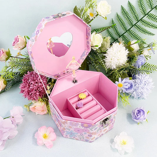 Octagonal Daisy-Printed Music Jewellery Box with Mirror – Hand-Cranked Musical Storage Box for Earrings & Necklaces | Children's Gift Keepsake Box