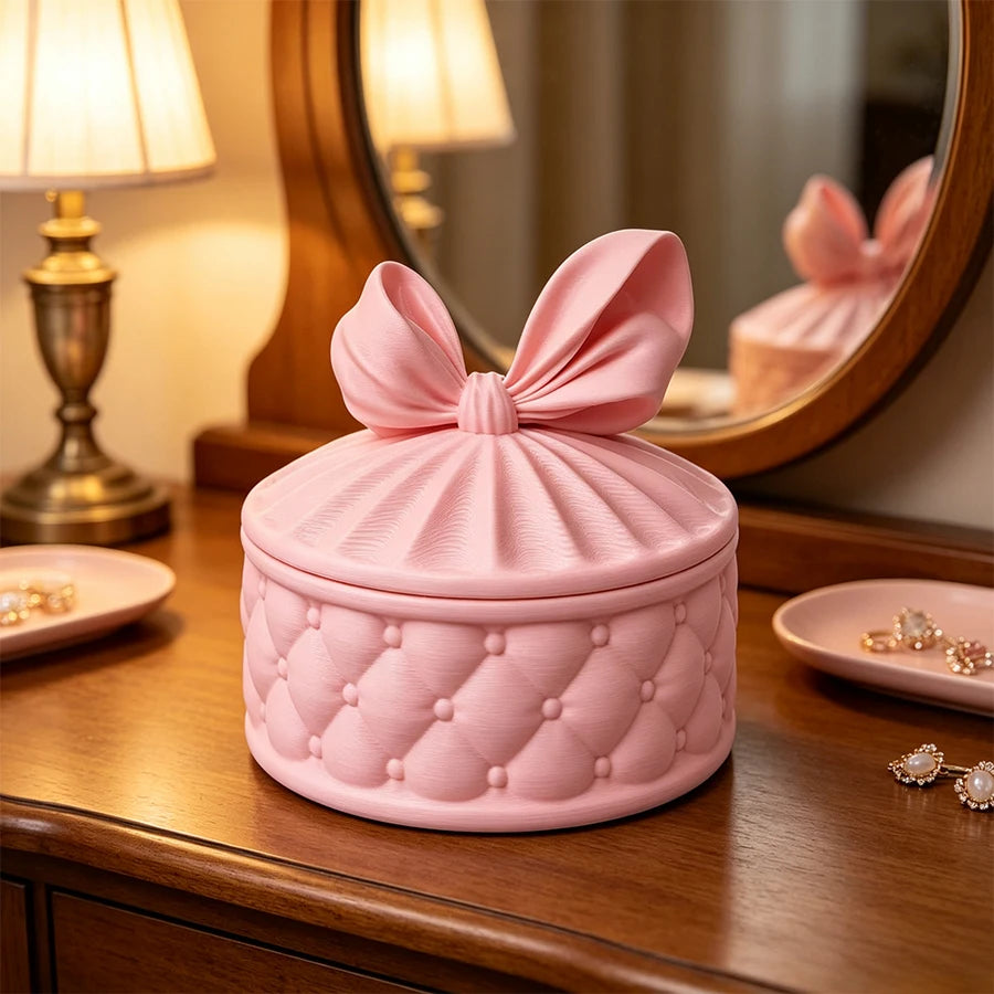 Pink Bowknot Jewellery Storage Box for Girls | Round Dust-Proof Jewellery Organiser | Cute Dresser Decoration & Gift!