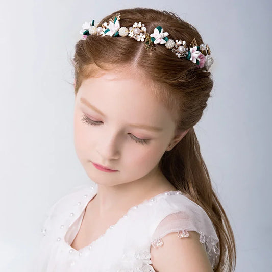 Crystal Pearl Flower Garland Headband for Girls – Elegant Communion & Baptism Headpiece | Flower Girl and Special Occasion Hair Accessory