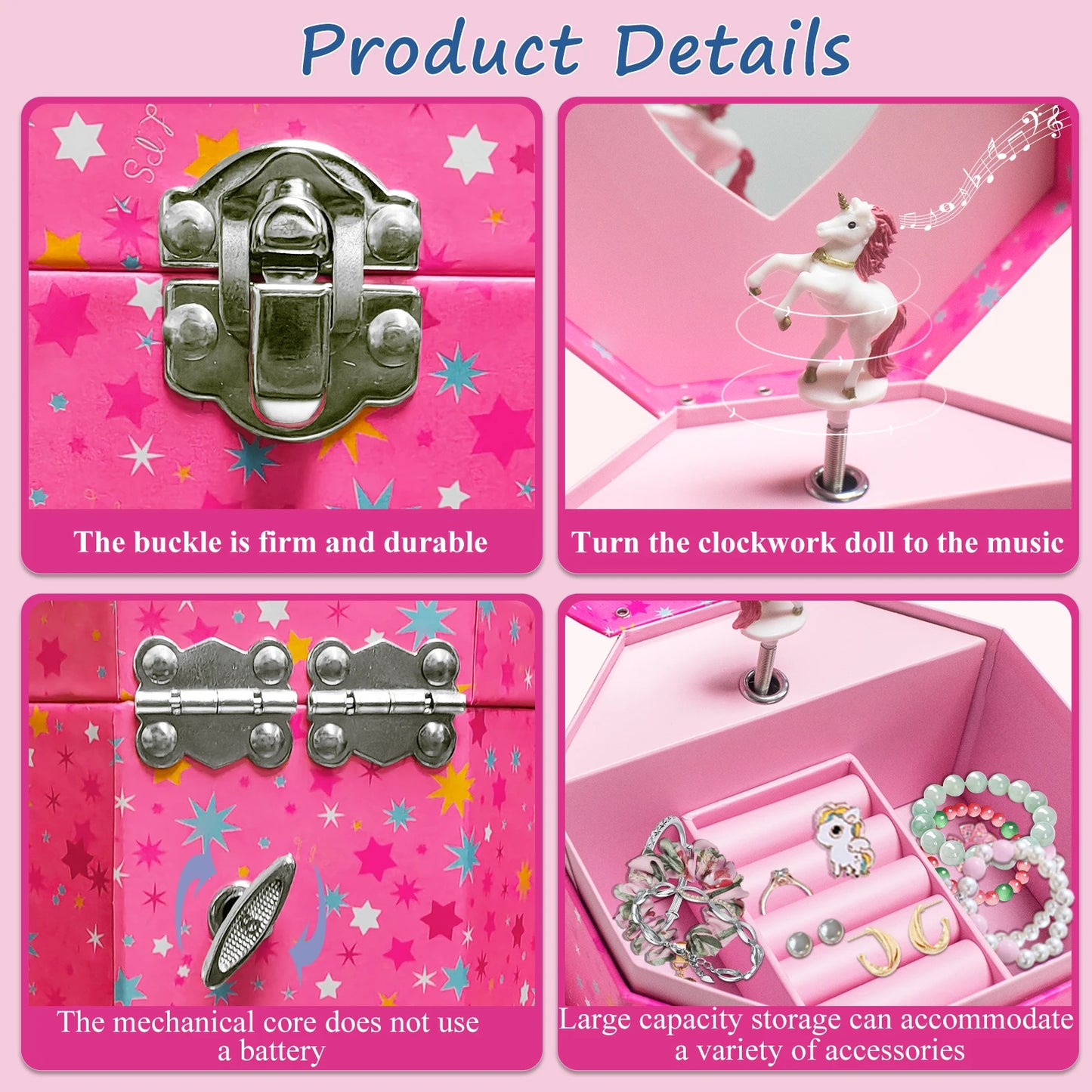 Girl’s Musical Jewellery Box – Octagonal & Elliptical Hand-Cranked Music Box with Mirror | Rings, Necklaces, Earrings Storage Organizer!