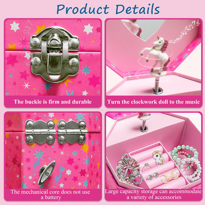 Girl’s Musical Jewellery Box – Octagonal & Elliptical Hand-Cranked Music Box with Mirror | Rings, Necklaces, Earrings Storage Organizer!