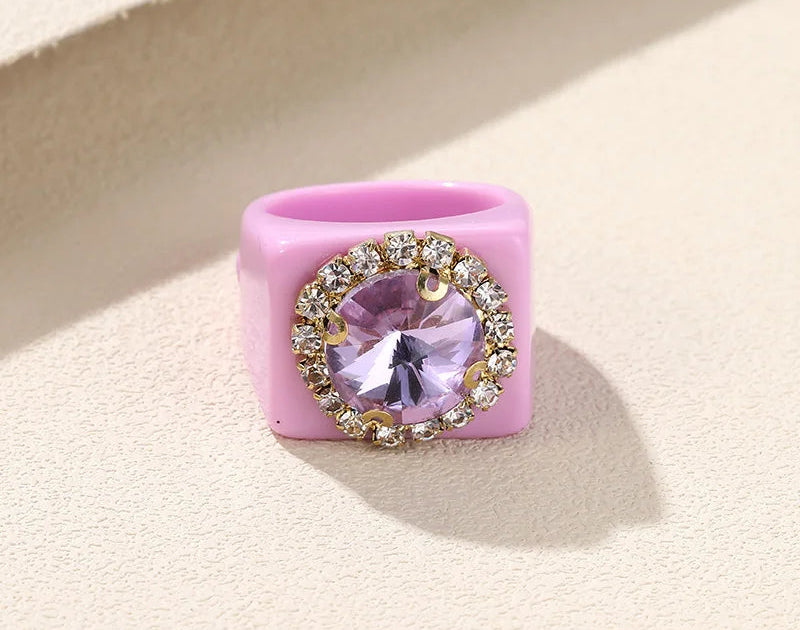 Trendy Big Rhinestone Acrylic Rings for Girls – Handmade Geometric Square Punk Finger Rings | Party Jewellery for Teens & Women!