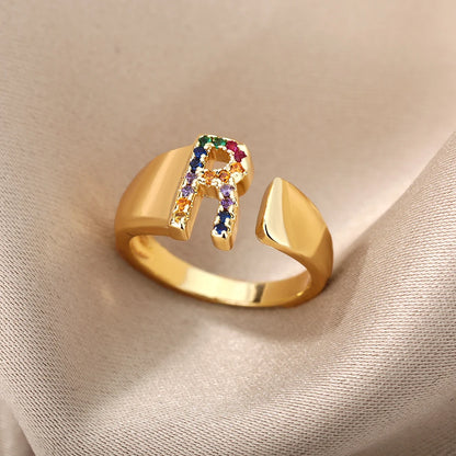 Adjustable Initial Letter Ring 18K Gold Plated | Multi-Colour Zircon Alphabet Ring for Women & Men | Elegant Birthday Gift!