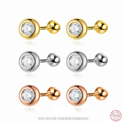 925 Sterling Silver Minimalist Round Zircon Screw-Back Bead Earrings – Elegant Studs for Girls & Women | Versatile Jewellery Gift
