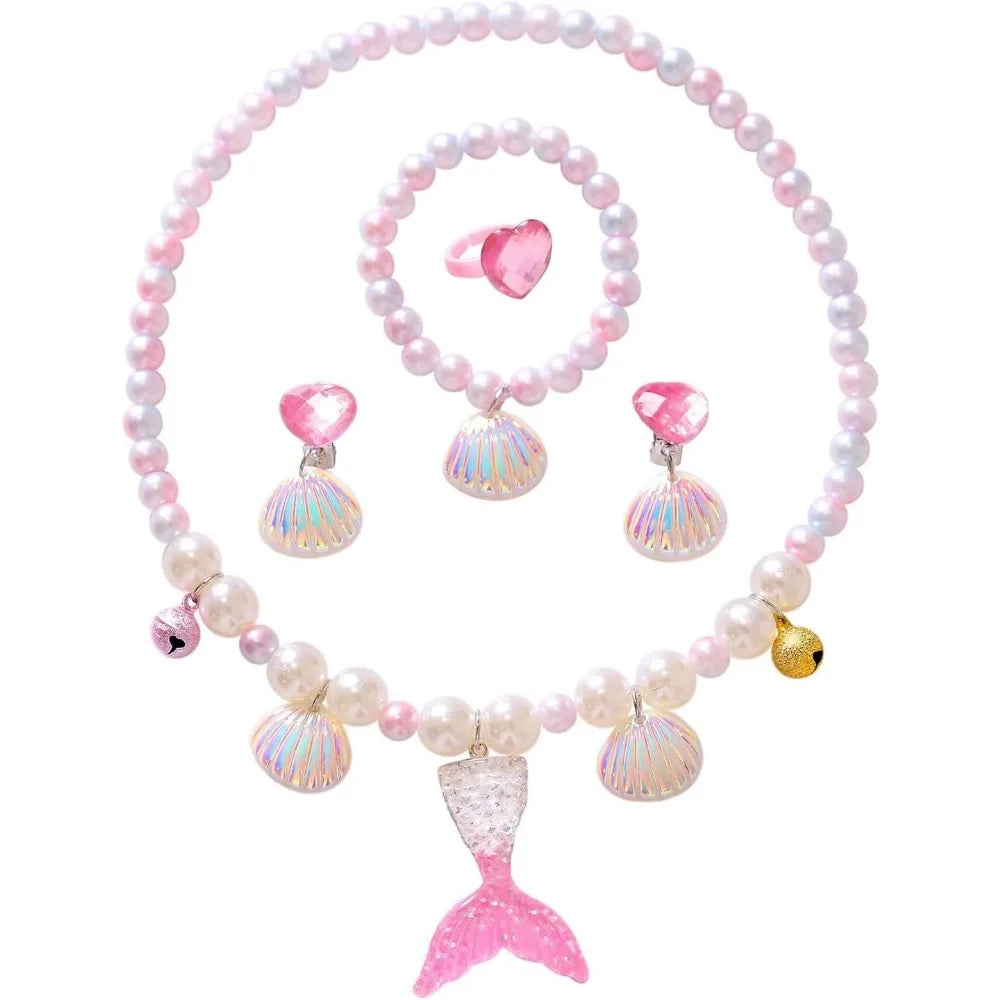 Girls Mermaid Jewellery Set Age 4–6 | Faux Pearl Necklace, Bracelet, Ring & Earrings | Kids Dress-Up Costume Jewellery Gift!