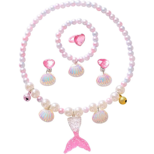 Girls Mermaid Jewellery Set Age 4–6 | Faux Pearl Necklace, Bracelet, Ring & Earrings | Kids Dress-Up Costume Jewellery Gift!