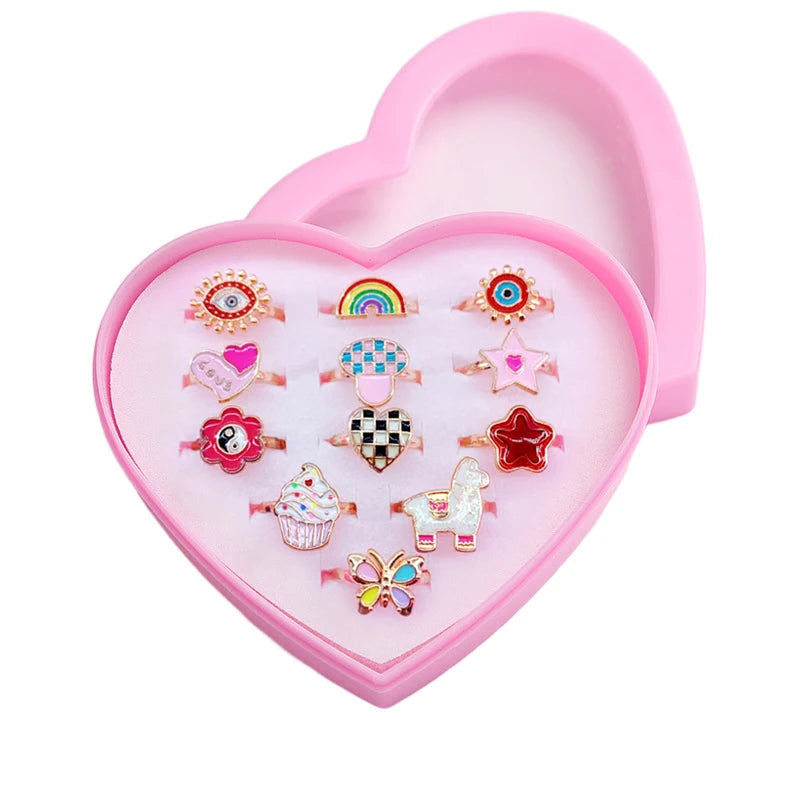 12PCS Cartoon Crystal Animal Adjustable Kids Rings – Fun Open Finger Jewellery Set for Girls’ Birthday Party Gift in Gift Box