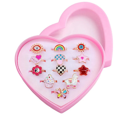 12PCS Cartoon Crystal Animal Adjustable Kids Rings – Fun Open Finger Jewellery Set for Girls’ Birthday Party Gift in Gift Box