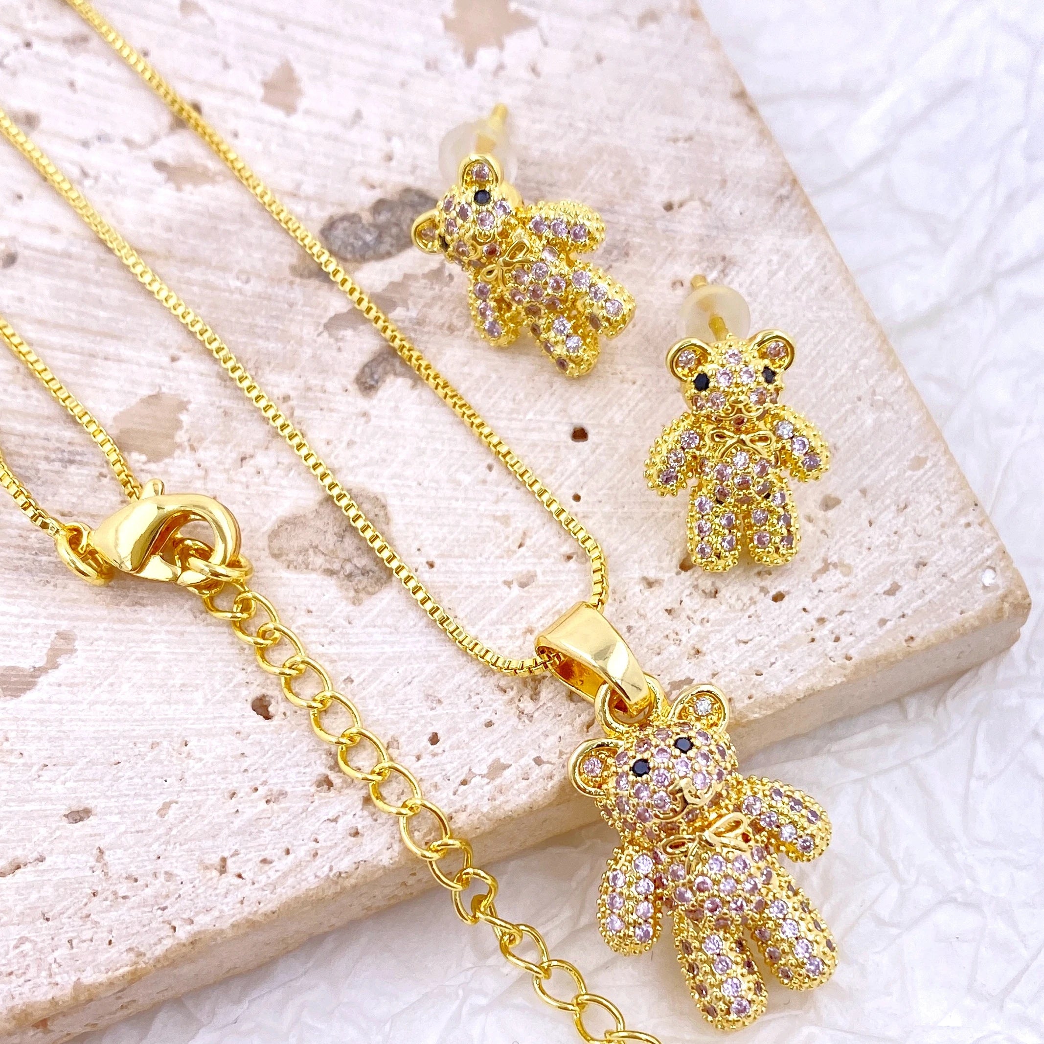 Teddy Bear Treasure: Chic Cubic Zirconia Stud Earrings and Pendant Necklace Set for Kids!