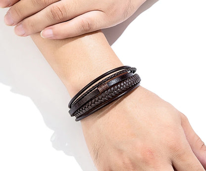 Luxury Fashion Hand-Woven Leather Bracelet - Multilayer Stainless Steel Magnetic Buckle Party Jewelry Gift.