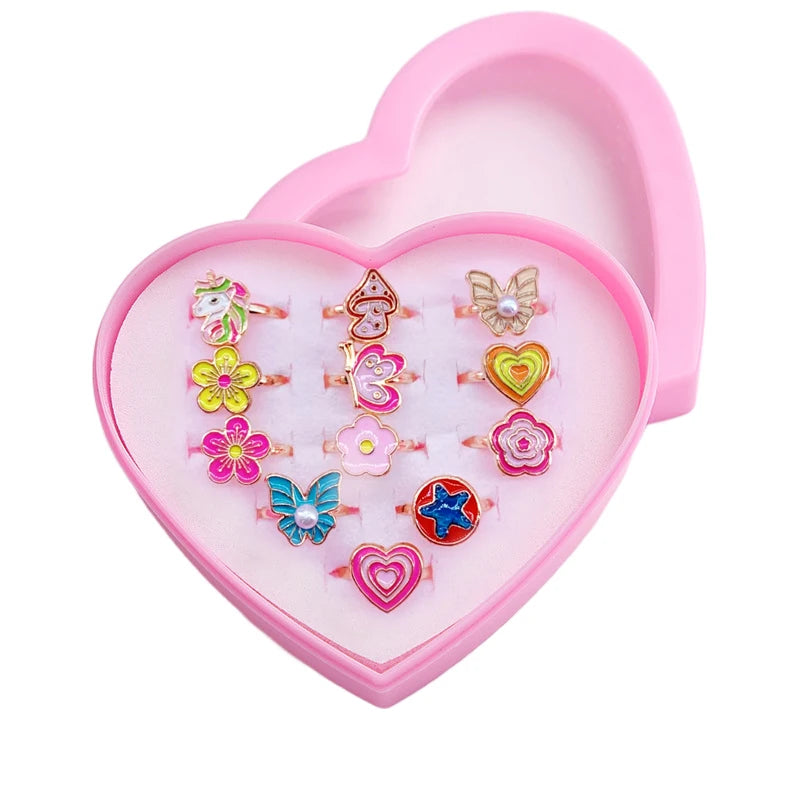 12PCS Cartoon Crystal Animal Adjustable Kids Rings – Fun Open Finger Jewellery Set for Girls’ Birthday Party Gift in Gift Box
