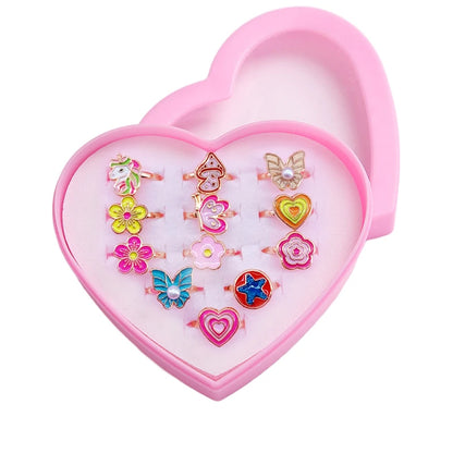 12PCS Cartoon Crystal Animal Adjustable Kids Rings – Fun Open Finger Jewellery Set for Girls’ Birthday Party Gift in Gift Box