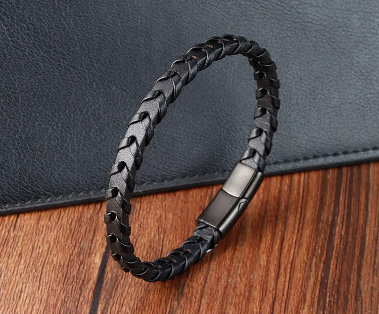 Boys Black Leather Bracelet – Stainless Steel PVD Plated Woven Genuine Leather Wristband | Stylish Kids Fashion Accessory