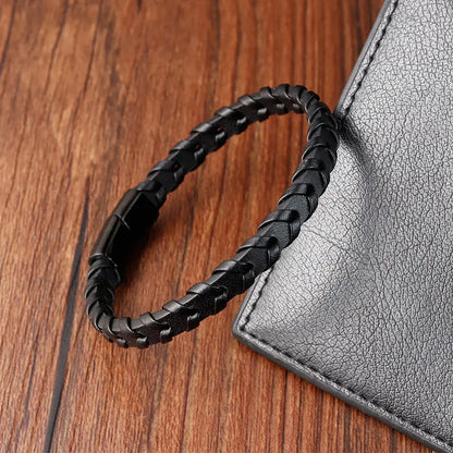 Boys Black Leather Bracelet – Stainless Steel PVD Plated Woven Genuine Leather Wristband | Stylish Kids Fashion Accessory