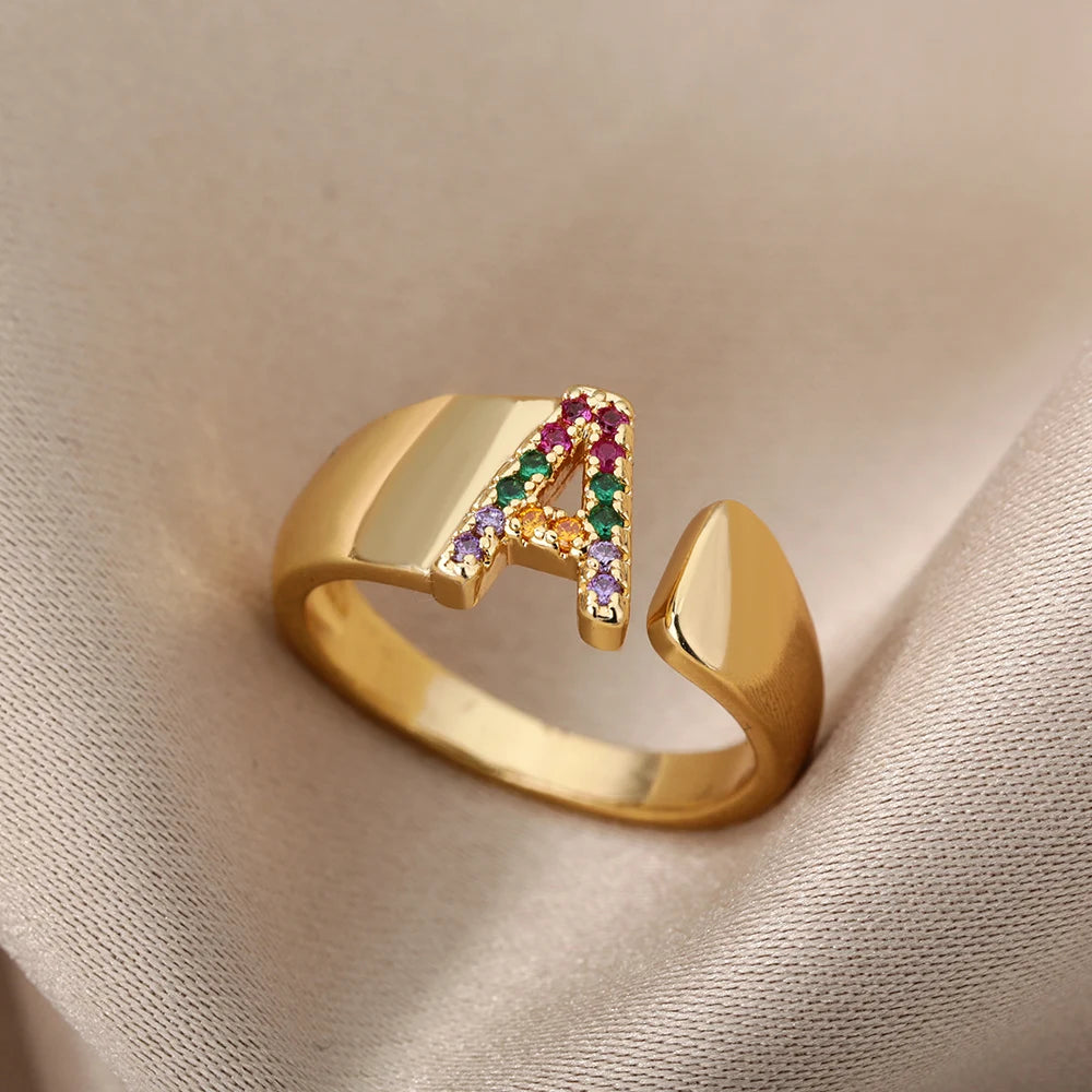 Adjustable Initial Letter Ring 18K Gold Plated | Multi-Colour Zircon Alphabet Ring for Women & Men | Elegant Birthday Gift!