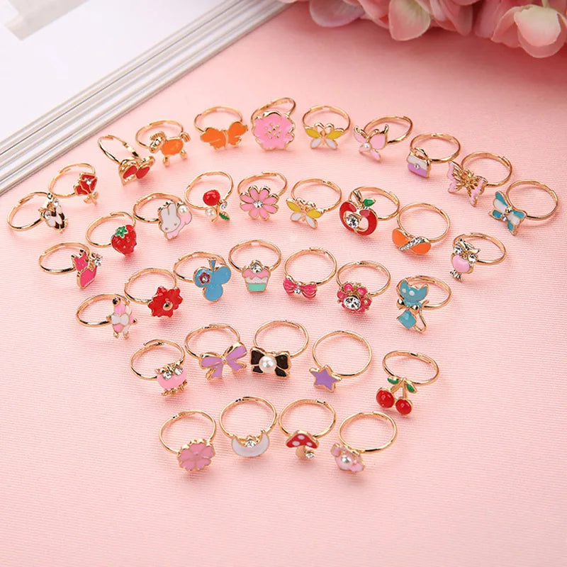 12/36 Pcs Adjustable Alloy Baby Girl Rings with Heart Shaped Box Cartoon Mix Finger Jewellery Rings Kid Girls Toys Random Color