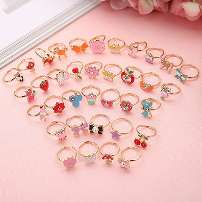 12/36 Pcs Adjustable Alloy Baby Girl Rings with Heart Shaped Box Cartoon Mix Finger Jewellery Rings Kid Girls Toys Random Color